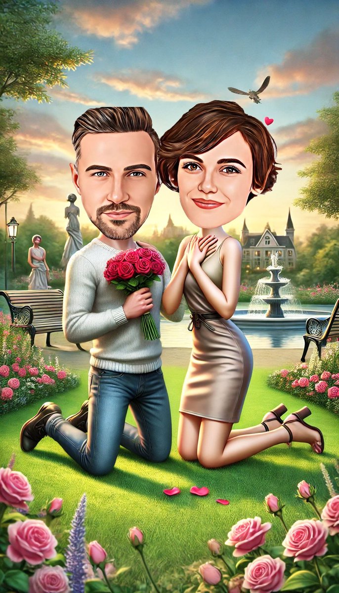 Huwelijksaanzoek in een Sprookjesachtig Park - Gepersonaliseerde Karikatuur Fotolijst 13x18 cm - Gepersonaliseerd Cadeau - Met Jouw Foto - Verjaardag - Kerst - Valentijn - Uniek en Handgemaakt - Cadeau - Huwelijk - Moederdag - Vaderdag - Jubileum -