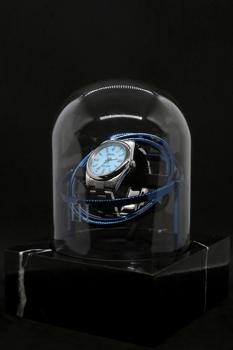 Dubbele Tourbillon horlogeopwinder in zwart Nero Marquina marmer en blauw stalen ringen - Elbrus Horology - Gyrowinder Orbit Watch Winder