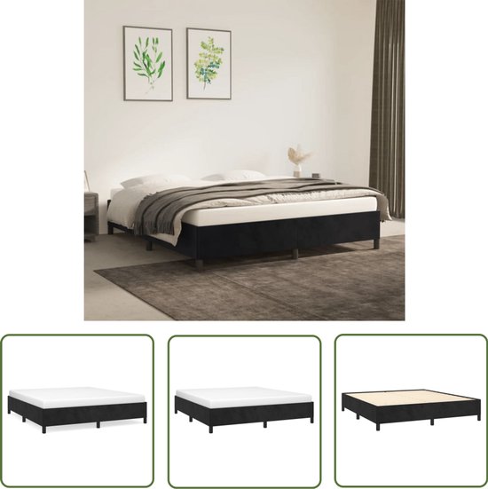 Zwart boxspringbed met witte matras, gestoffeerde basis en vierkante poten, in slaapkamer met planten en dekens.
