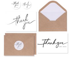 Partizzle 100x Bedankt Kaartjes Met Enveloppen Set - Thank You Cards - Ansichtkaarten - Kaarten Set met Stickers - 15x10 cm - Wit