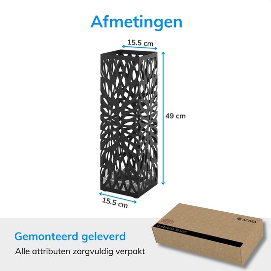 Porte-parapluie en métal avec égouttoir - Porte-parapluie de 49 cm de haut; 15,5 cm de large et 15,5 cm de profondeur - Noir
