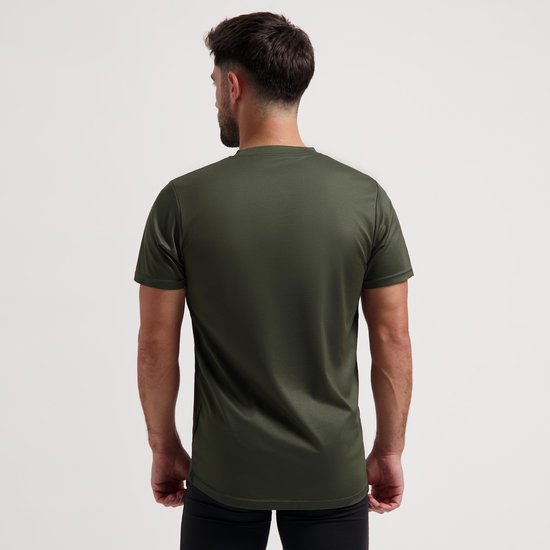 Legergroen hardloopshirt voor heren, achterkant, studio-opname.