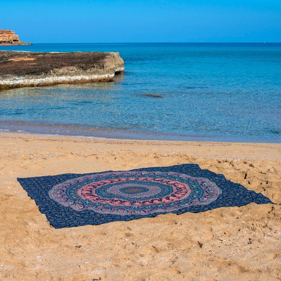 XXL Strandlaken 220 x 235 - Extra groot vakantie Strandkleed - Picknick Kleed- Lichtgewicht 100% Duurzaam Katoen - (Blauw Zalm kleurige Mandala) - Boho Ibiza Mandala - Sneldrogend kleed