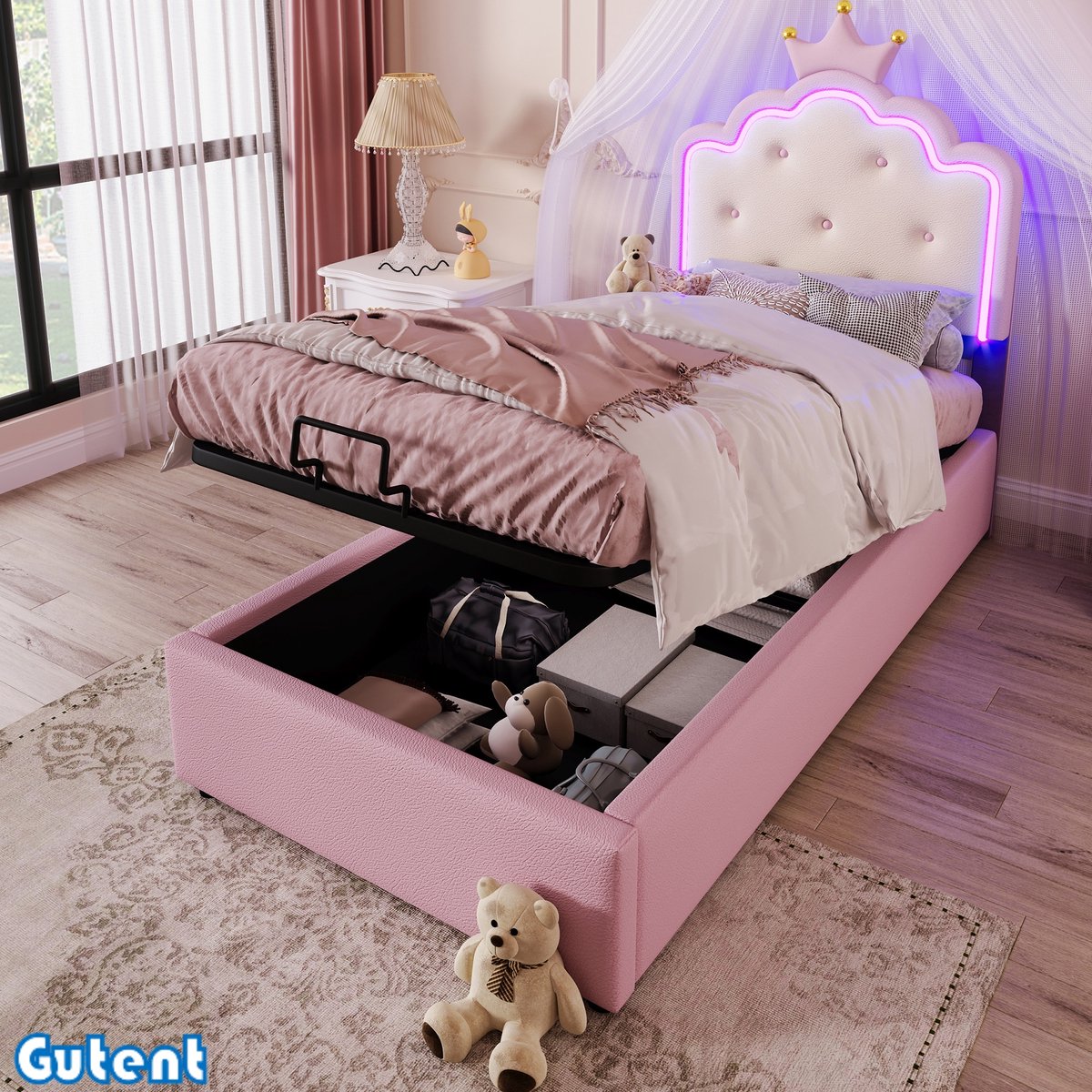 Gutent Kinderbed-90 x 200 cm-Geen matras-Accentverlichting-Kroonprinses-Hydraulische opbergruimte-PU materiaal-Roze