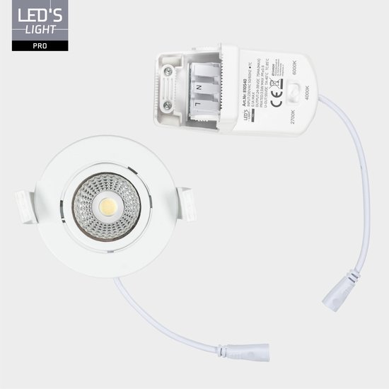 Witte inbouwspot met losse stroomadapter. Verstelbare lichtkleur.