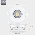 Technische tekening van witte inbouwspot. Diameter 68-75 mm, hoogte 32 mm, breedte 82 mm.