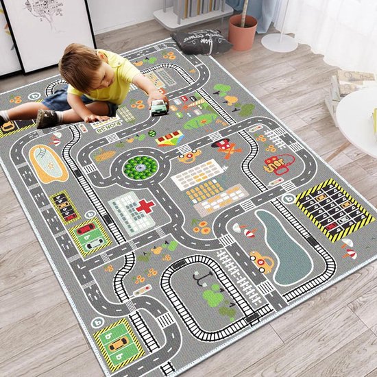 Kindertapijt Speelmat Street Car Blauw Groen Grijs Antislip