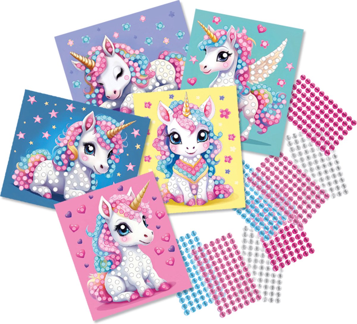 SES Creative Unicorn Diamond Painting - 5 Eenhoornkaarten - Voor Meisjes vanaf 3 Jaar - 672 Steentjes - Schoencadeautjes Sinterklaas — cadeau in Hobby - foto 3