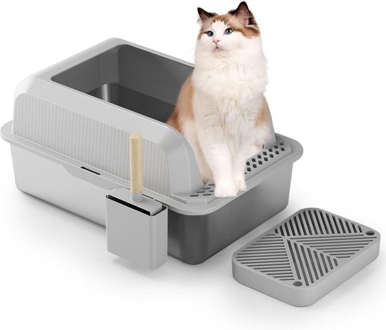 Kleine Roestvrijstalen Kattenbak, S Metalen Kattenbak met Spatwaterdicht Deksel en Schep voor Alle Katten, Gemakkelijk Schoon Te Maken, Niet Plakkerig,50 x 35 x 20 cm, (Grijs