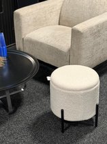 TuttoBello - Luxe Ronde Poef met vier zwarte metalen poten - Met opbergruimte - Voetenbank met opbergruimte - Zitkist met deskel - Wit - Stof - 30 x 31 cm