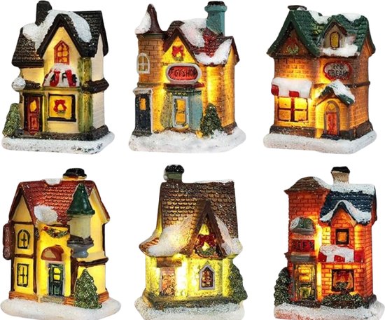 Kerstdorp Basis - Lichtgevend Kerstdorp - Helder Kersthuis - Kerstdorp - Personage Lamp Veelkleurige Decoratie - Kerstmis - Miniatuur voor Binnen - 6 Stuks