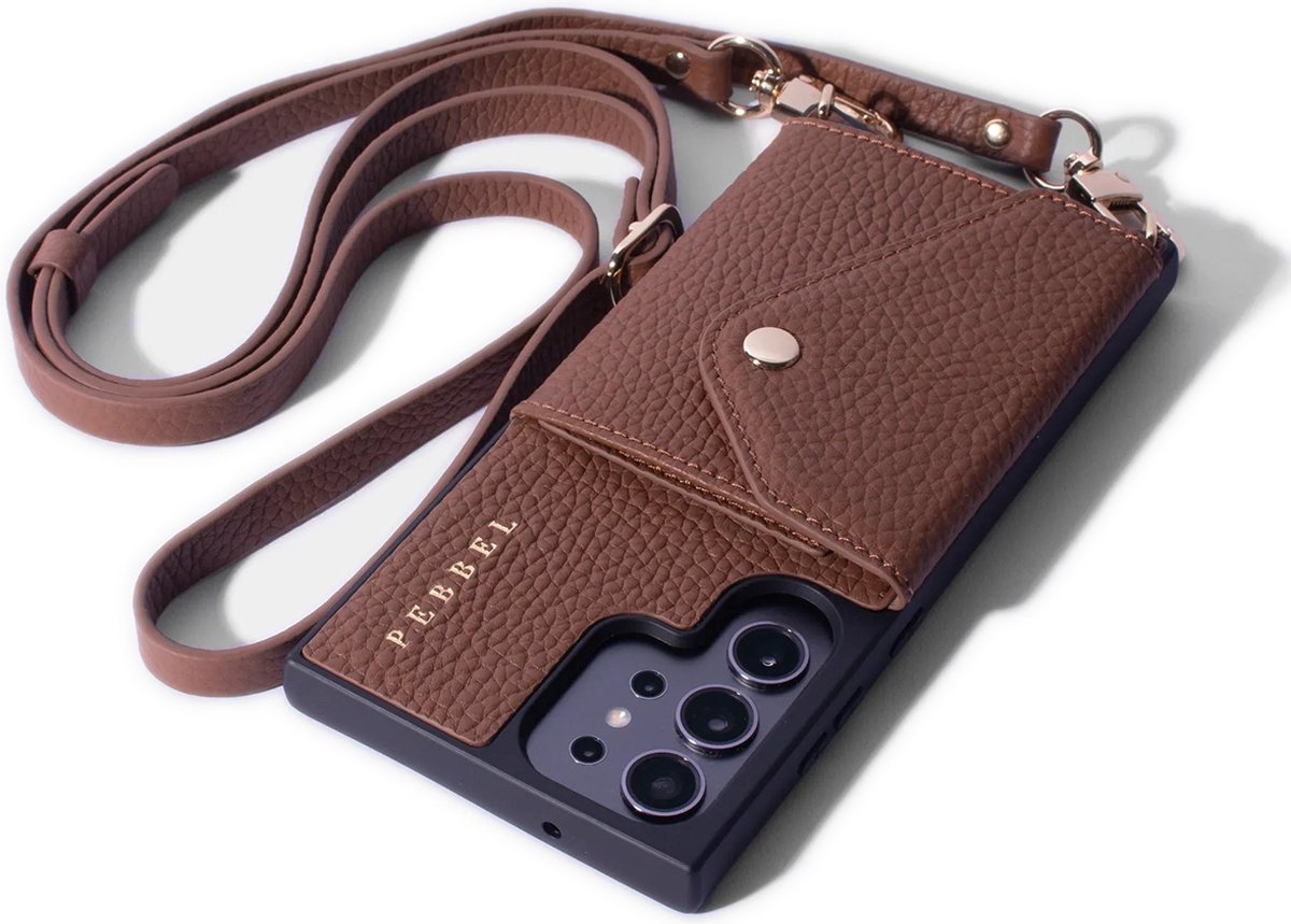 Pebbel Crossbody Hoesje Cognac Bruin - Geschikt voor Samsung Galaxy S23 Ultra - Luxe Hoesje met Koord - Echt Italiaans Leer - Pasvakje