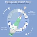 Diagram van tanden en een mintgroene Loby tandenborstel, met timer indicatie.