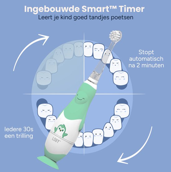 Diagram van tanden en een mintgroene Loby tandenborstel, met timer indicatie.