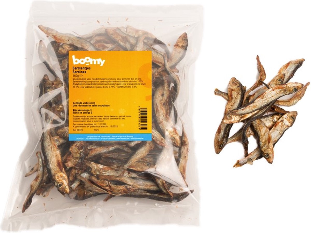 Boomy - Gedroogde Sardientjes - Natuurlijke hondensnacks - Trainingssnack - Hondensnoepjes - Hondenkoekjes - 150g