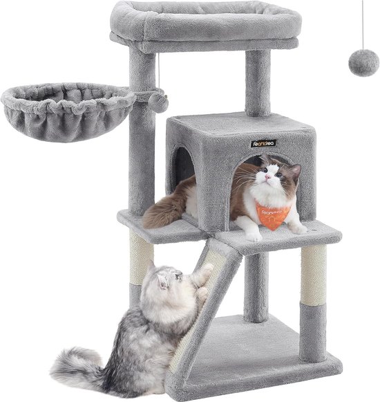 Hey-Brother MPJ019-SMU Krabpaal, 135 cm indoor kattenboom, met gevoerd platformbed, speelgoedbal, holletjes, hangmat en sisal krabpaal, beige-bruin