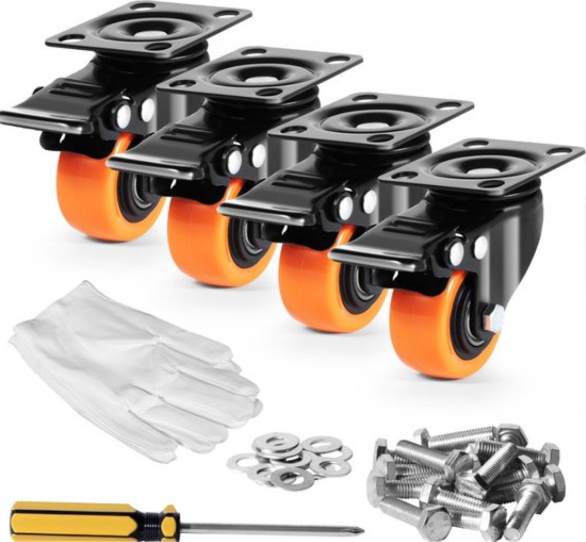 Set van 4 Professionele Zwenkwielen - Dubbele Vergrendeling - PVC Caster Wielen - 18,5 cm Hoog - Inclusief Montage Materiaal