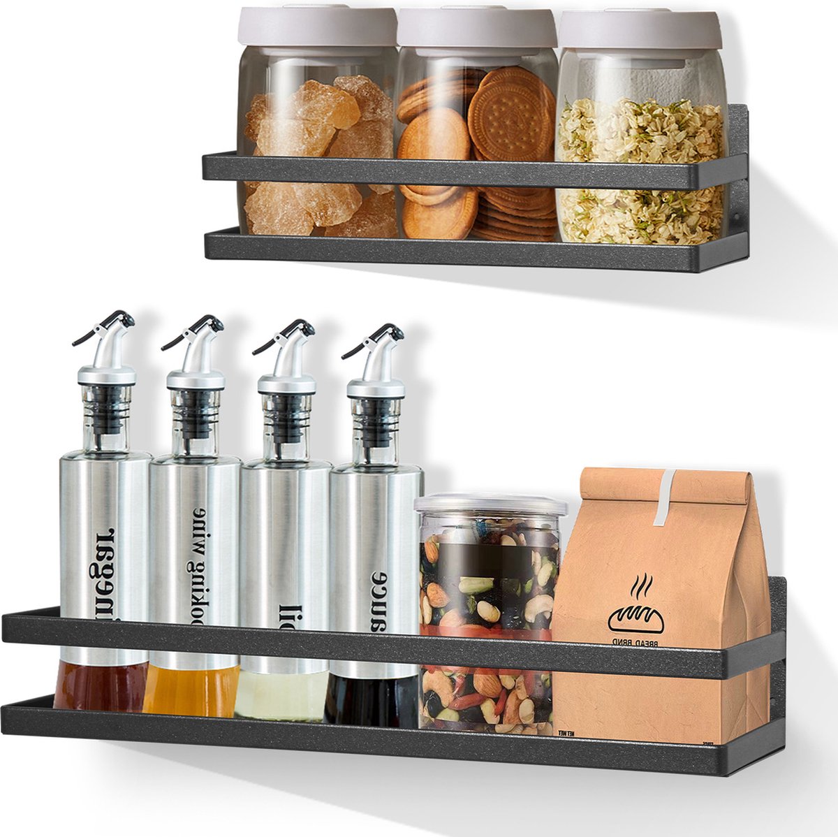 Uten Kruidenrek Magnetisch Ophangbaar - Kruiden Organizer - 2 Keukenrekken - Spice Rack - 2 Planken (L x B) 30 x 10.5 | 40 x 11.5 cm - Zwart coating met adertjes (4 Kleuren)