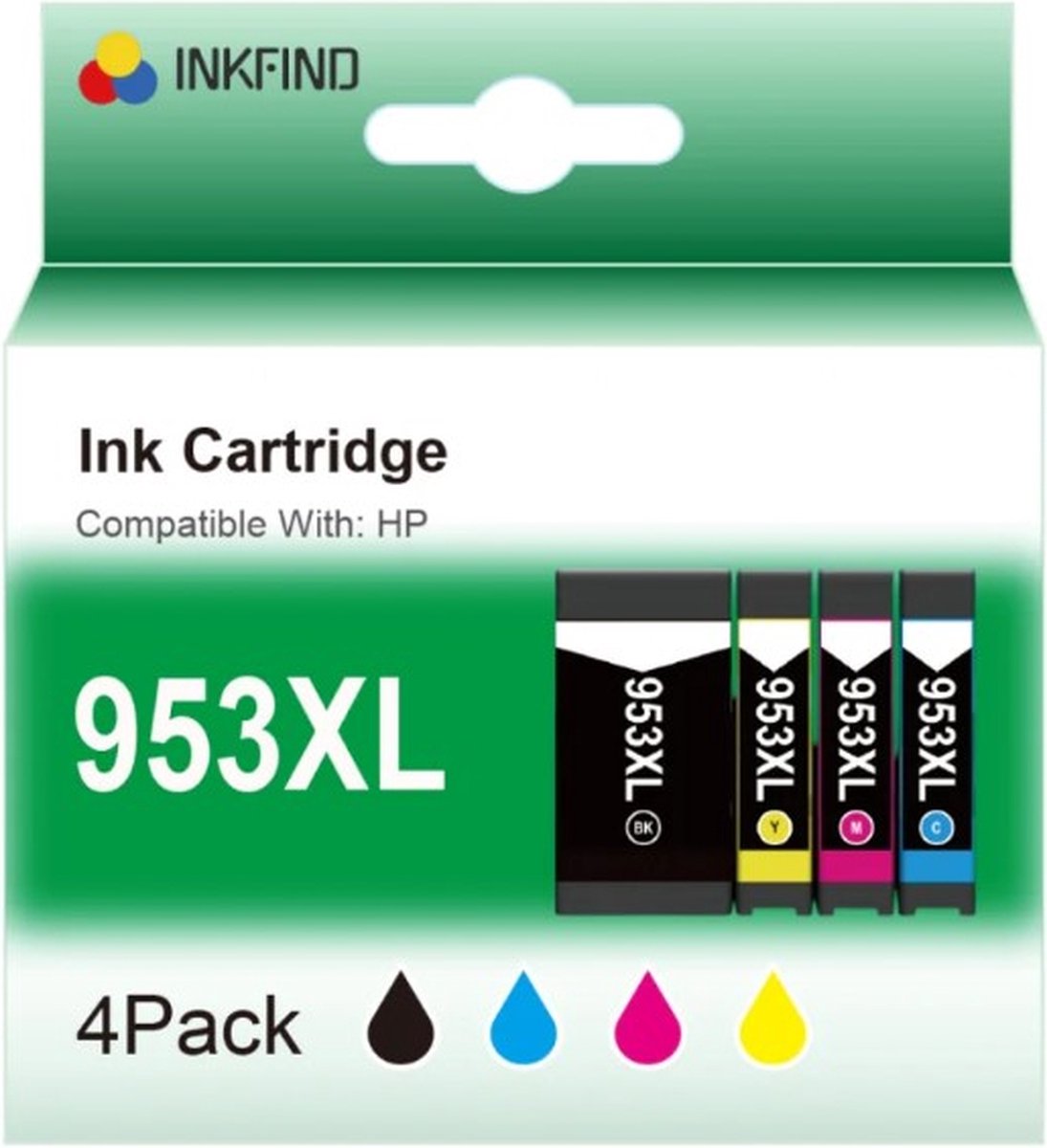 Image of INKFIND 953XL inktcartridge voor HP953XL HP953 HP 953 HP 953XL 3HZ52AE L0S70AE F6U16AE F6U17AE F6U18AE van 4 stuks (1xZwart, 1xCyaan, 1xMagenta, 1xGeel) voor HP OfficeJet Pro 8740, 8719, 8720, 8710, 8715, 8725, 7740, 8218, 8718, 8210, 8716 8730 8728