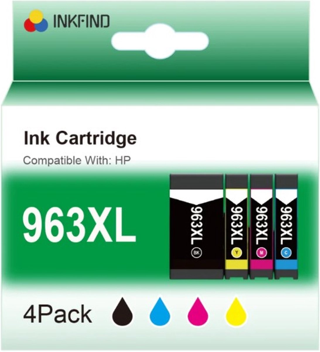 INKFIND 963XL inkt voor HP 963 HP963 HP 963XL 3YP35AE 3JA30AE 3JA27AE 3JA28AE 3JA29AE HP963 XL inktcartridges van 4 stuks (1 x Zwart, 1 x Cyaan, 1 x Magenta, 1 x Geel) voor HP OfficeJet Pro 9010, 9014, 9012, 9020, 9025, 9015, 9016, 9019, 9022, 9018