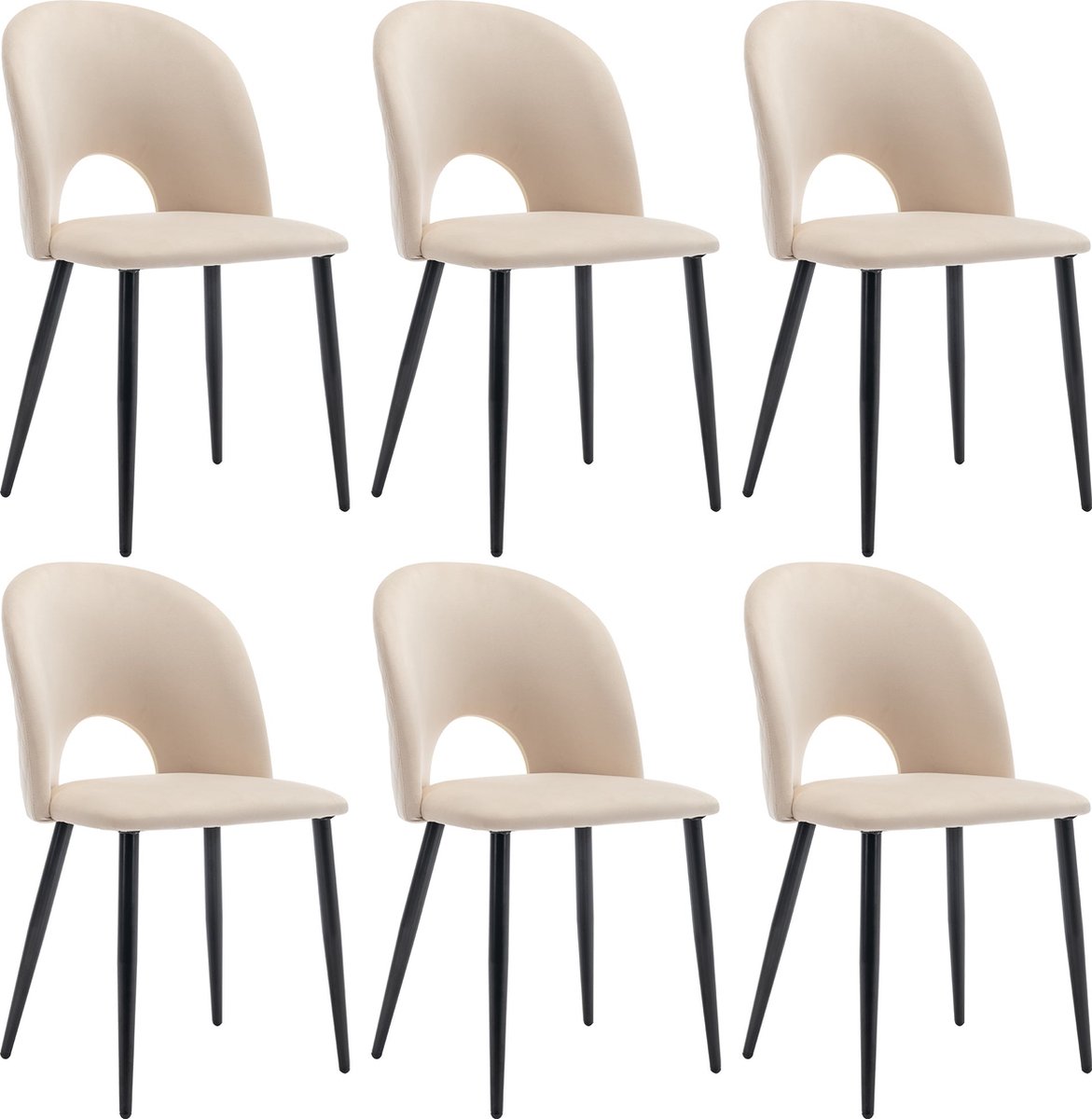 Merax Eetkamerstoelen Set van 6 – Beige Fluwelen Stoelen met Zwarte Metalen Verstelbare Poten en Ergonomische Rugleuning