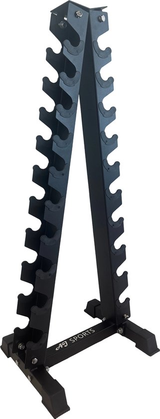 Zwart, A-vormig dumbbellrek met 20 plekken voor dumbbells, met het AJ-SPORTS logo op de basis.