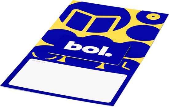 Blauwe bol.com cadeaukaart met abstracte gele en blauwe vormen en tekst 'bol.'. Inclusief schrijfveld.