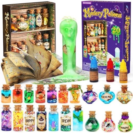 Set met 20 flesjes met magische drankjes in een doos, een open boek met pagina's, en flesjes met glitters en vloeistof.