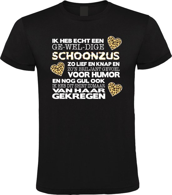 Zwart t-shirt met opdruk 'IK HEB ECHT EEN GE-WEL-DIGE SCHOONZUS' met leopardprint harten.