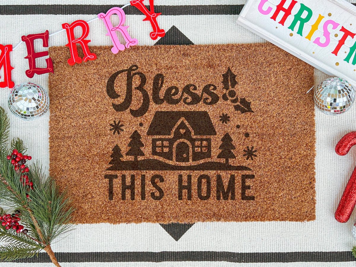Laser Point Bless This Home | 90x60 cm | Nieuwe huis cadeau | Ingangsmat | Deurmat met stijl | Verhuizing cadeau | Praktisch & trendy | Perfect voor binnenkomst | Cadeau voor nieuwe woning Bruin | Zwart (Gravering 90x60)