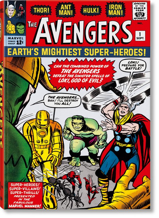 De Avengers stripcover met Thor, Hulk, Iron Man, Ant-Man, en Wasp. Tekst: Earth's Mightiest Super-Heroes!