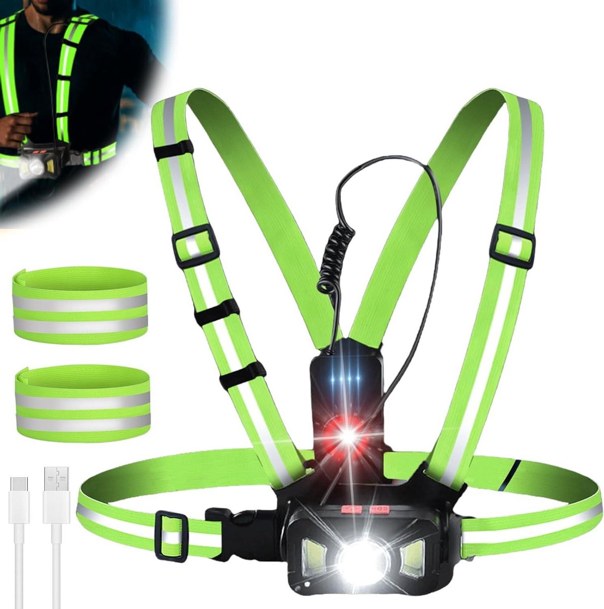 Borstlamp met reflecterende strepen USB-oplaadbaar - Looplamp voor joggen - Instelbare stralingshoek IPX65 waterdicht .