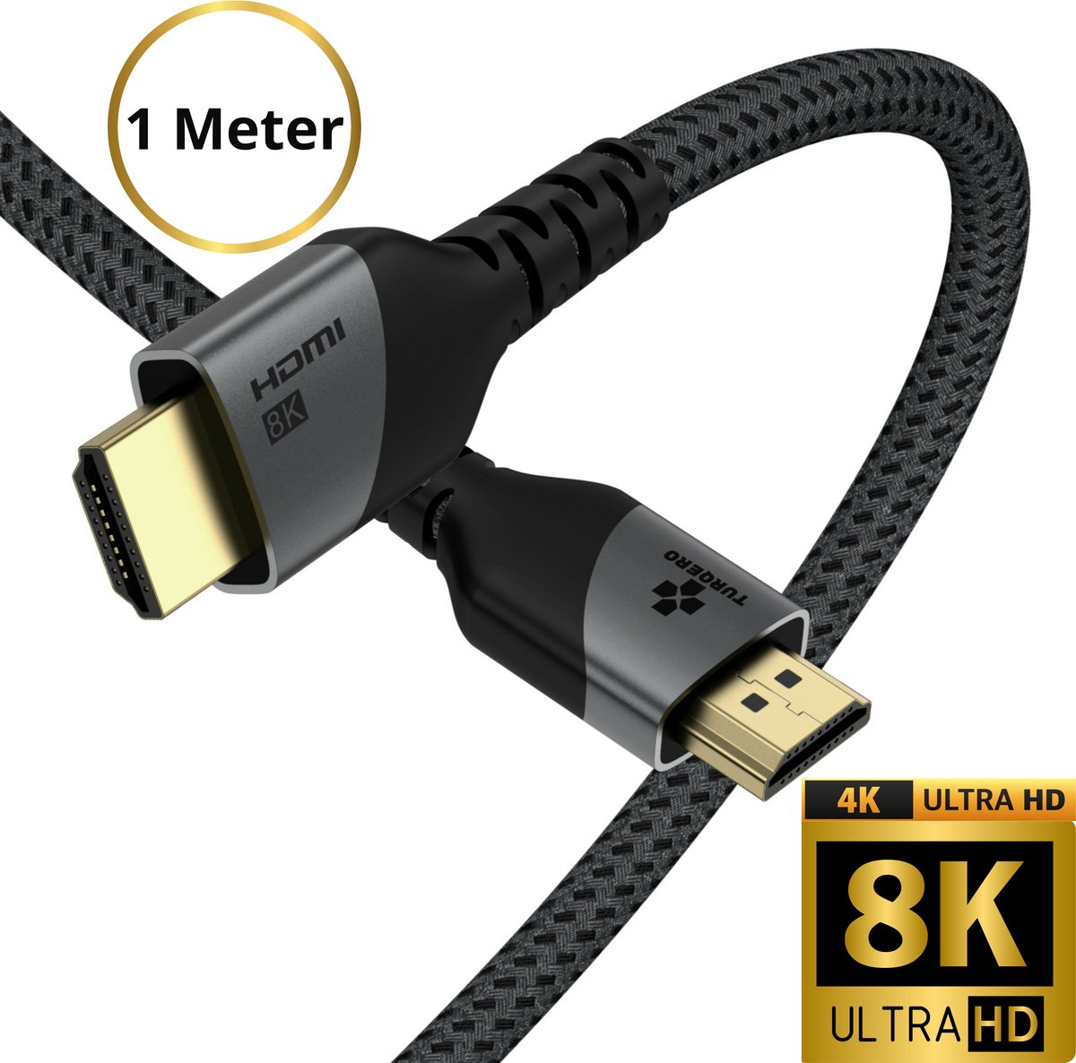 TURQERO© 8K HDMI Kabel 2.1 - 4K Ultra HD - Hoge snelheid - 4K (120Hz) - 8K (60Hz) - HDMI naar HDMI - 1 METER - Nylon - Zwart