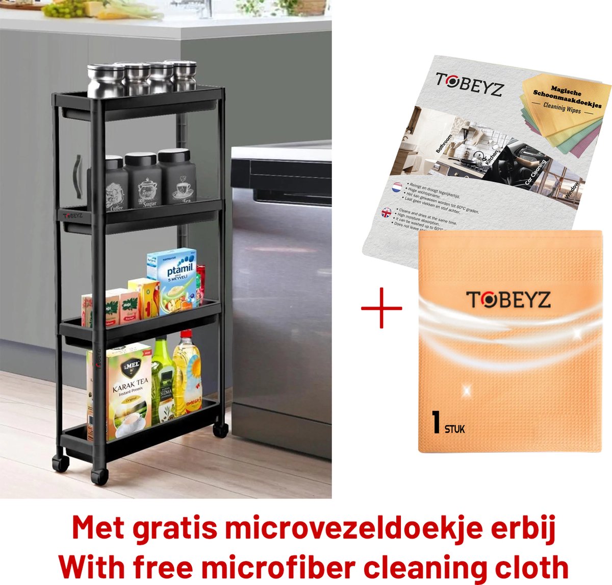 Tobeyz - Slim Opbergtrolley - Zwart Keukentrolley op Wieltjes - Keukentrolley - Badkamer trolley - Opbergrek 4 Laags - Met gratis microvezeldoekje