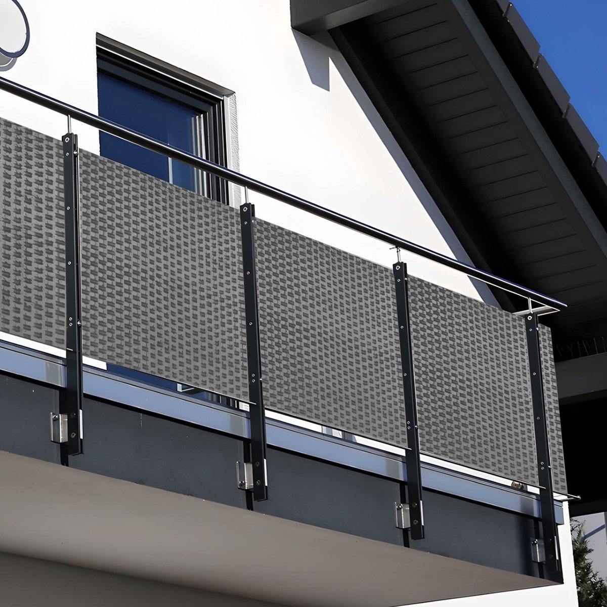 NYVI Polyrattan Balkon Privacy Scherm Privafence 90x500 cm Lichtgrijs - Balkonbekleding met metalen ogen - UV-bestendig, Weerbestendig, 100% Ondoorzichtig - Balkonomheining 0.9x5 m