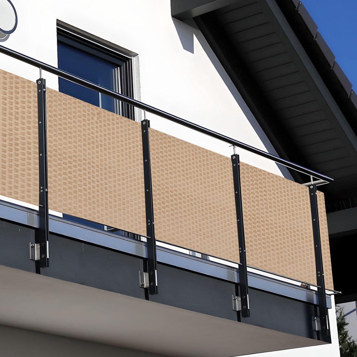 NYVI Polyrattan Balkon Privacy Scherm Privafence 100x300 cm Beige - Balkonbekleding met metalen ogen - UV-bestendig, Weerbestendig, 100% Ondoorzichtig - Balkonomheining 1x3 m