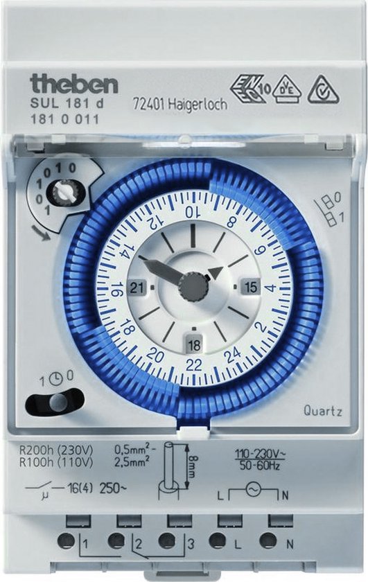 Theben 1810011 SUL 181d - analoge schakelklok met dagprogramma en 200 uur gangreserve, schakelklok
