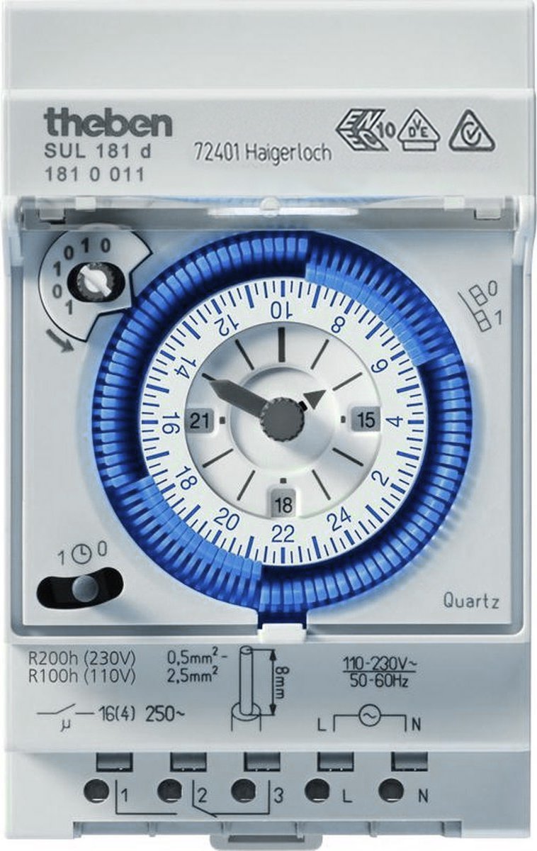 Theben 1810011 SUL 181d - analoge schakelklok met dagprogramma en 200 uur gangreserve, schakelklok