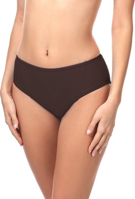 Bas de bikini marron foncé taille haute, fermeture latérale, de face.