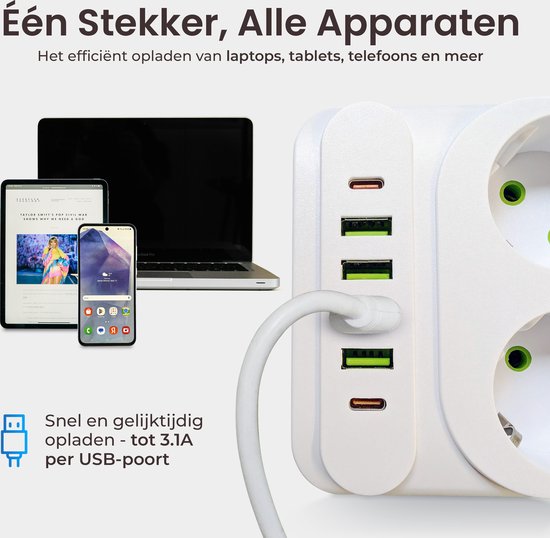 Multiprise blanche avec ports USB-A et USB-C, chargeant un ordinateur portable, une tablette et un smartphone.