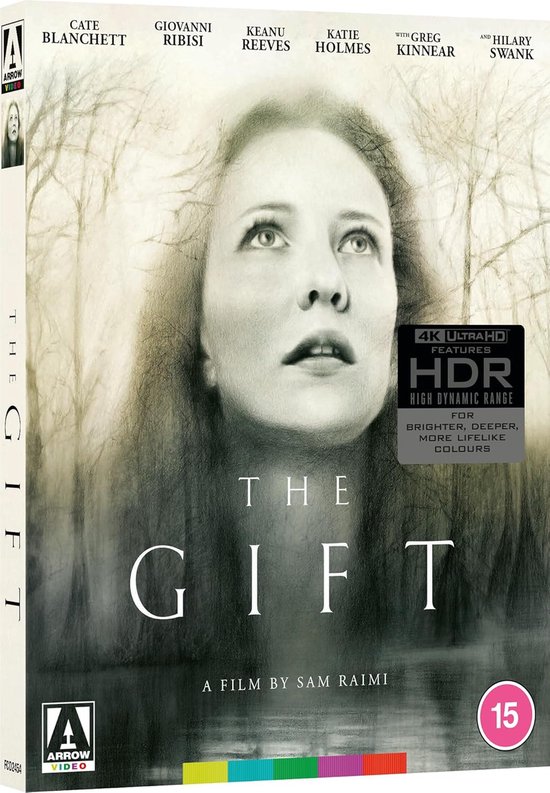 Cover van The Gift 4K Ultra HD met Cate Blanchett, die omhoog kijkt, met 4K HDR informatie.