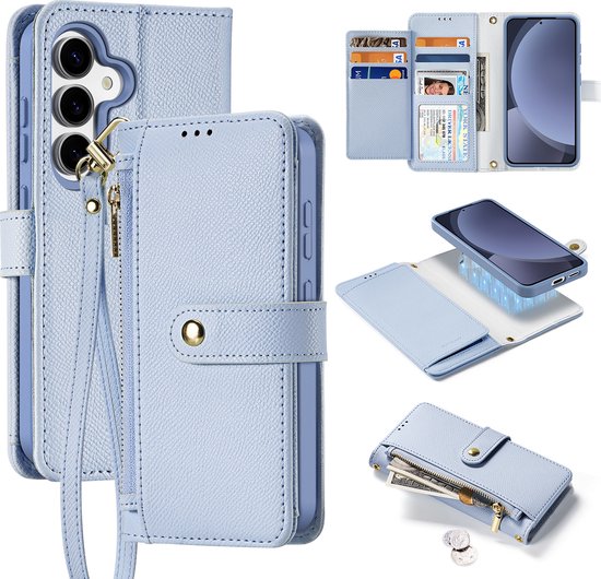 Lichtblauwe portemonnee telefoonhoes met polsbandje, kaarthouders, ritsvak en magnetische case.
