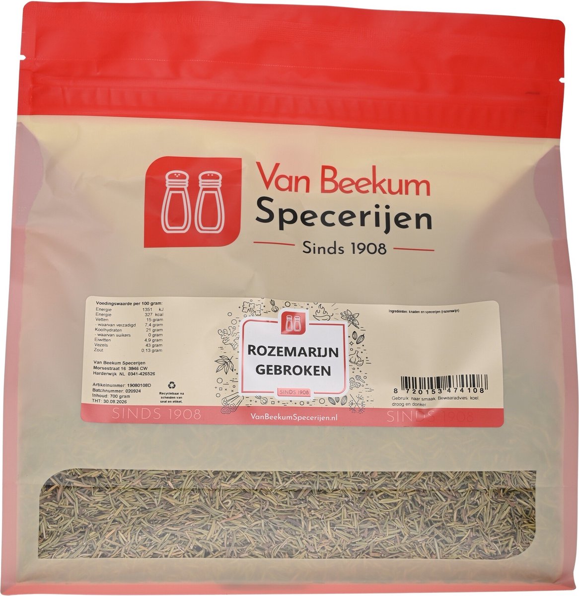 Goedkoopste Van Beekum Specerijen - Rozemarijn Gebroken - 700 Gram (hersluitbare stazak