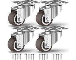 GBL Zwarelast Zwenkwielen met 2 Remmen + Schroeven - 25mm tot 40KG - Pak van 4 Geen Vloersporen Silent Caster voor Meubels - Rubberen Trolley Wielen - Zilver
