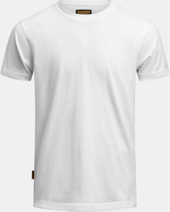 Witte T-shirt van Jobman met korte mouwen en oranje label aan de zijkant.
