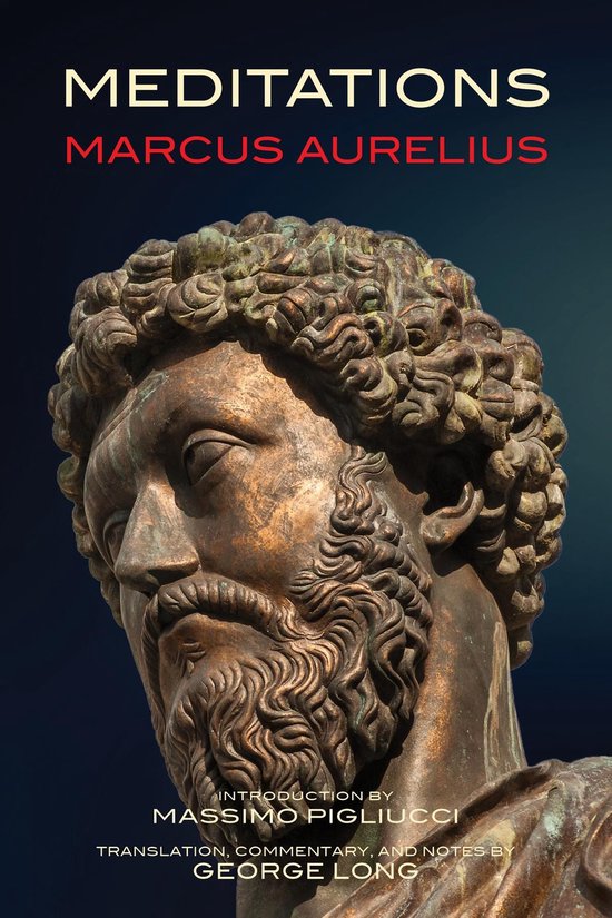 De kaft van het boek "Meditations" van Marcus Aurelius met een bronzen buste van een Romeinse keizer.