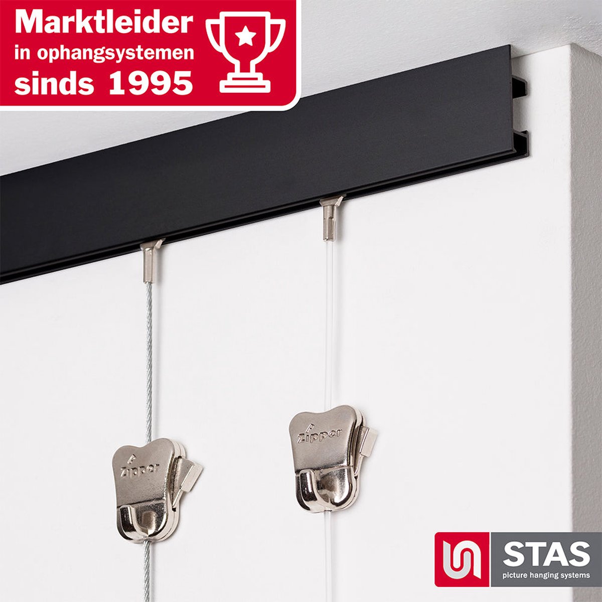 STAS Schilderijrail - Ophangsysteem Schilderijen / Fotolijsten / Poster - Ophangrails - Zonder Boren - Ophanghaak - Ophangrek - Schilderijrails - Cliprail Max - Zwart - 150 cm - Complete Kit