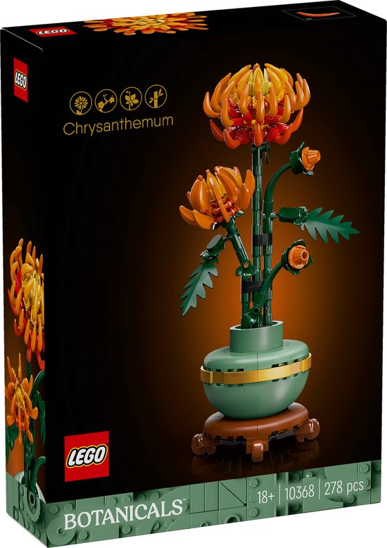 Chrysanthème Lego dans un vase vert avec une bande dorée et un socle marron. Les fleurs sont orange et rouges.