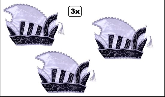 3x Prinsenmuts zwart/wit mt.63 - Carnaval prins thema feest steek party festival