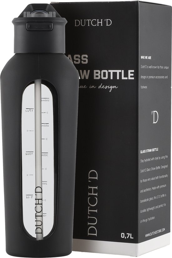 Dutch'D ® - 0 litre - Bouteille d'eau en Verres avec paille - Bouteille à boire - Zwart - Glas - Sans BPA - Paille - Anti-fuite - Verre borosilicaté - Durable